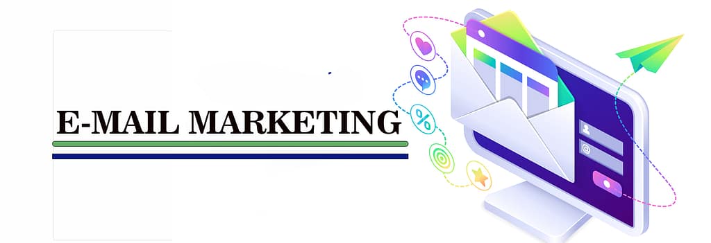 desktop pc and display in email then slogan in e- mail marketing and tow lining blue and green.