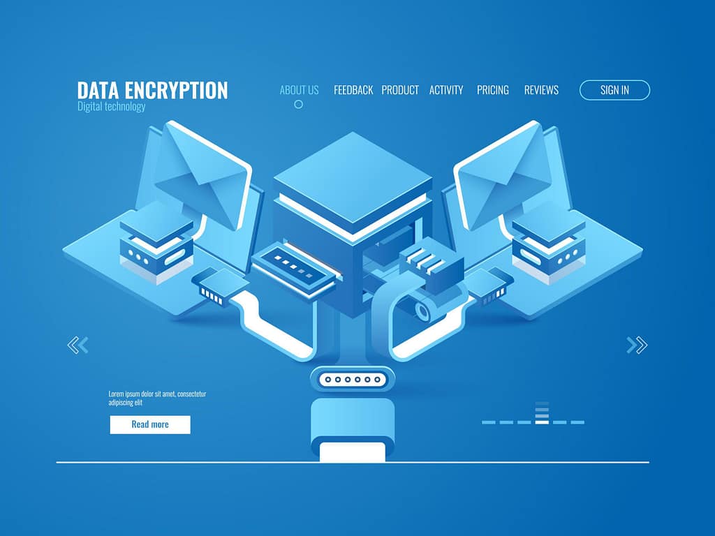 Data encryption process concept, data factory, automated sending email and messages, data protection, cloud storage isometric vector