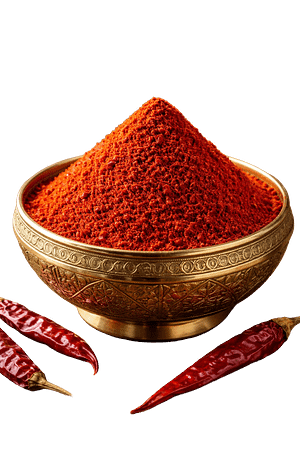 Golden bowl with red chili powder on transparent PNG background.-AI GENTRATORS